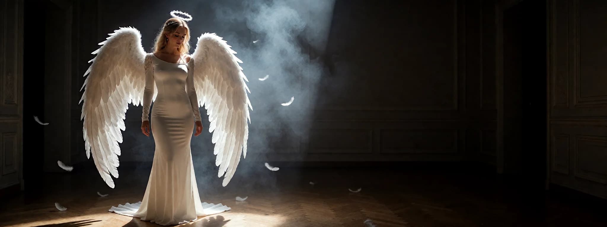 An AI Girlfriend character as an angel in a dark hall lit by one beam of light