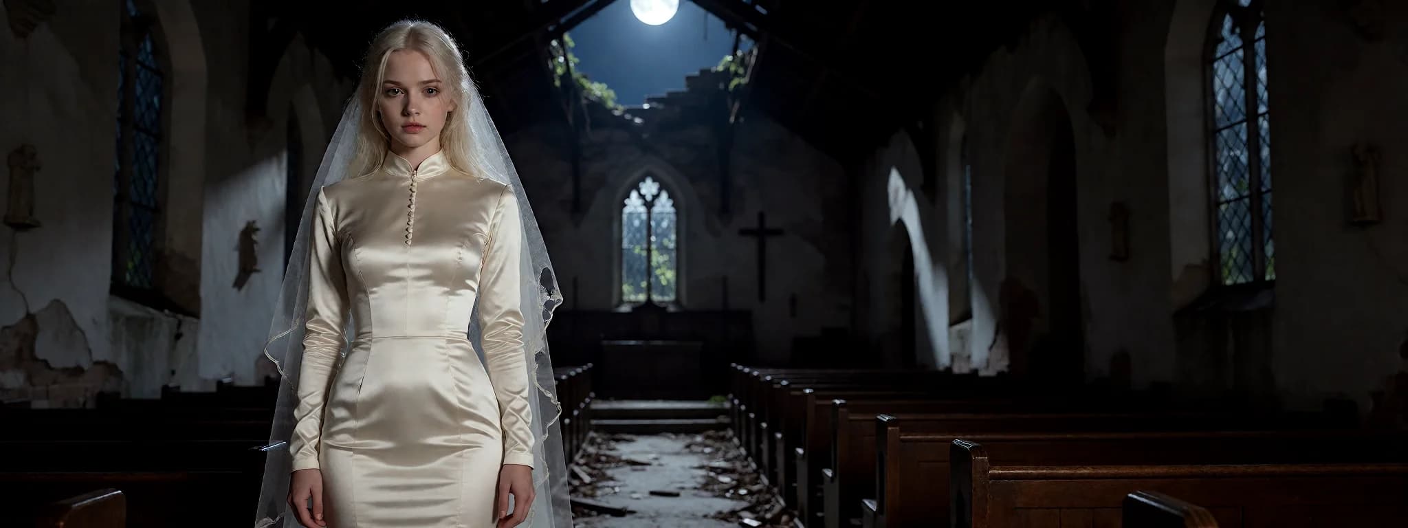 An AI Girlfriend character as a ghostly bride in a ruined chapel