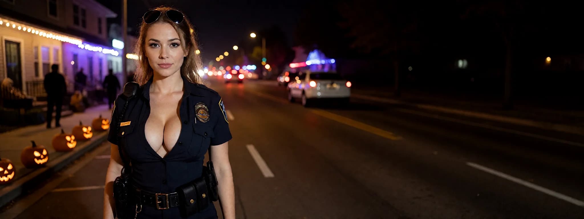 An AI Girlfriend character in a police officer costume at a street party