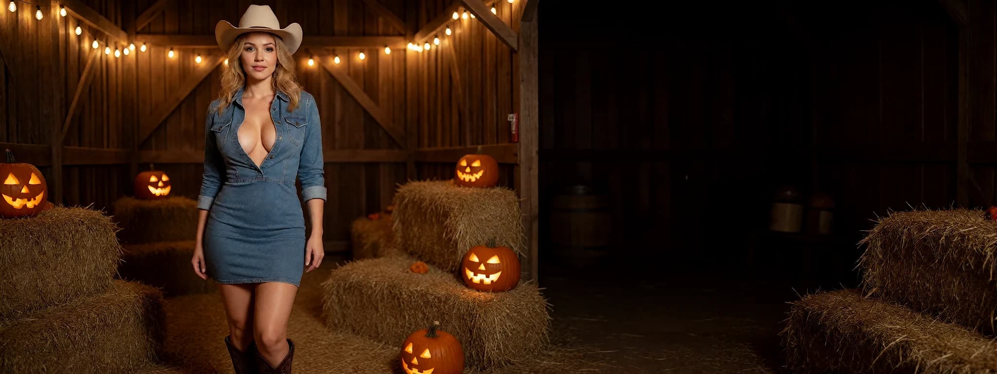 An AI Girlfriend character in a denim dress at a barn party