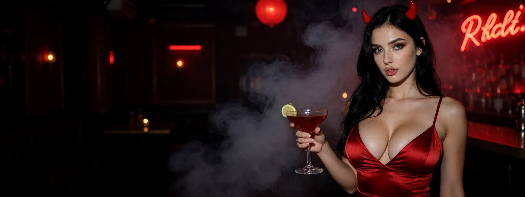 An AI Girlfriend character in a red devil costume at a nightclub