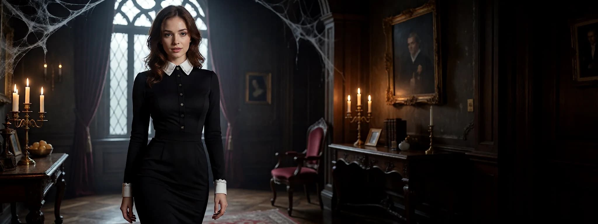 An AI Girlfriend character in a maid costume in a gothic mansion