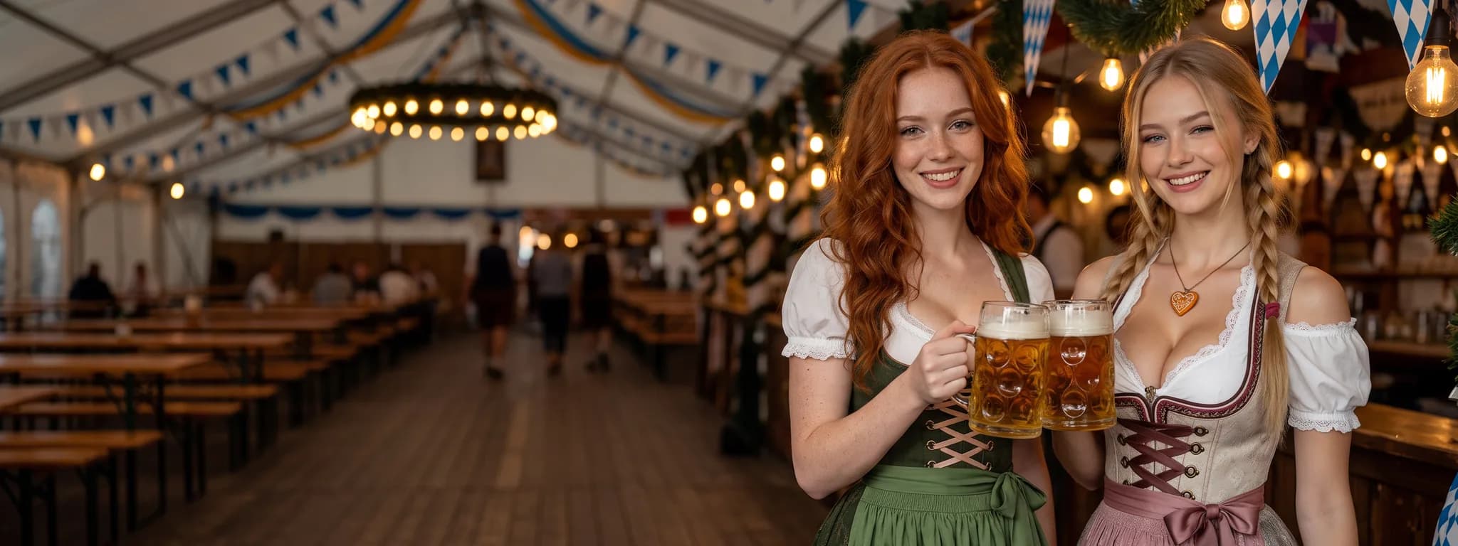 Two AI Girlfriend characters in dirndls toasting with beer at the Oktoberfest