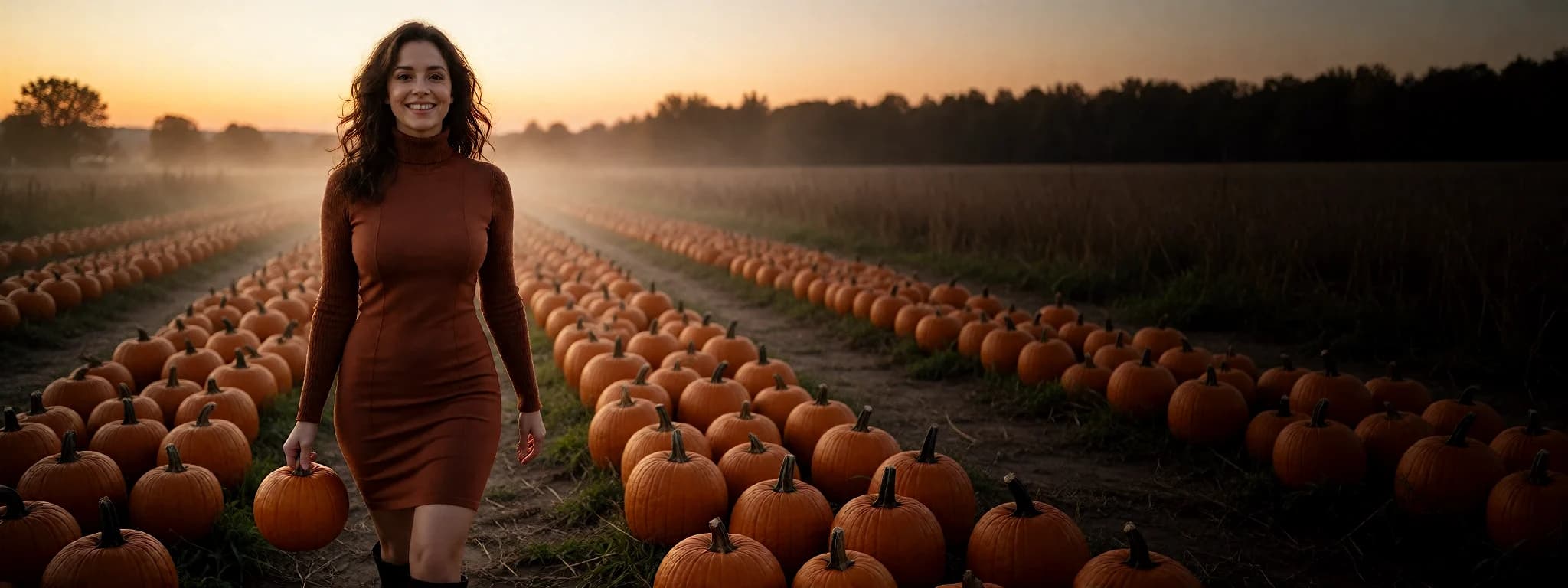 An AI Girlfriend character in a knit dress at a pumpkin patch at sunset