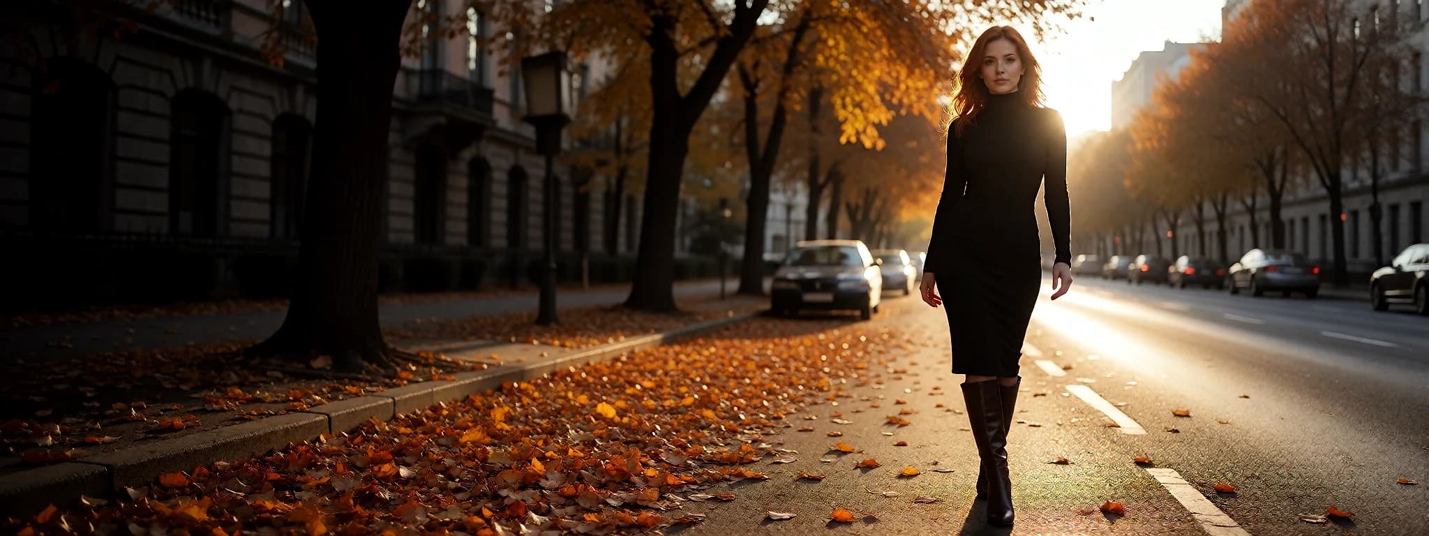 An AI Girlfriend character walking down an autumn city street at golden hour